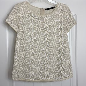 Zara Basic White Lace /Cream Lining Short Sleeve Top Womens Small